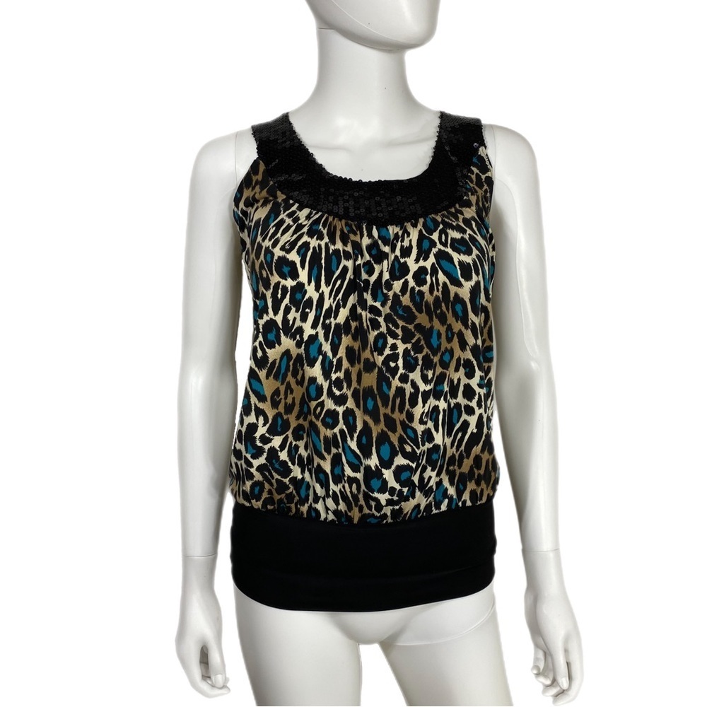 Candy Rain Turquoise Leonard Print Sequin Collar Sleeveless Blouse